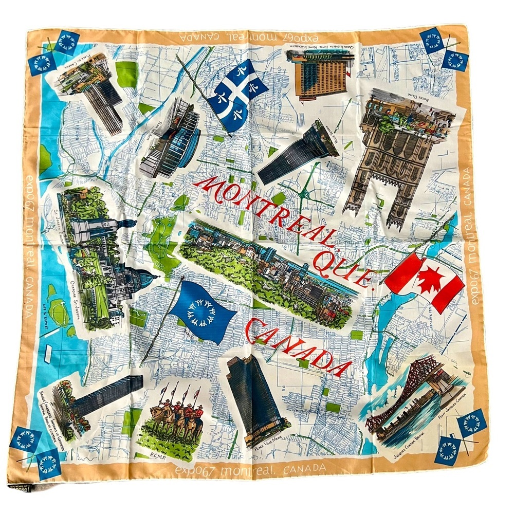 Vintage MCM Montreal Canada Souvenir Scarf 1967 expo Hand-rolled edges! Rare!